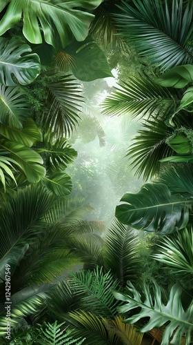 Lush green foliage creates a serene path through a vibrant tropical jungle filled with life and mystery. Generative AI
