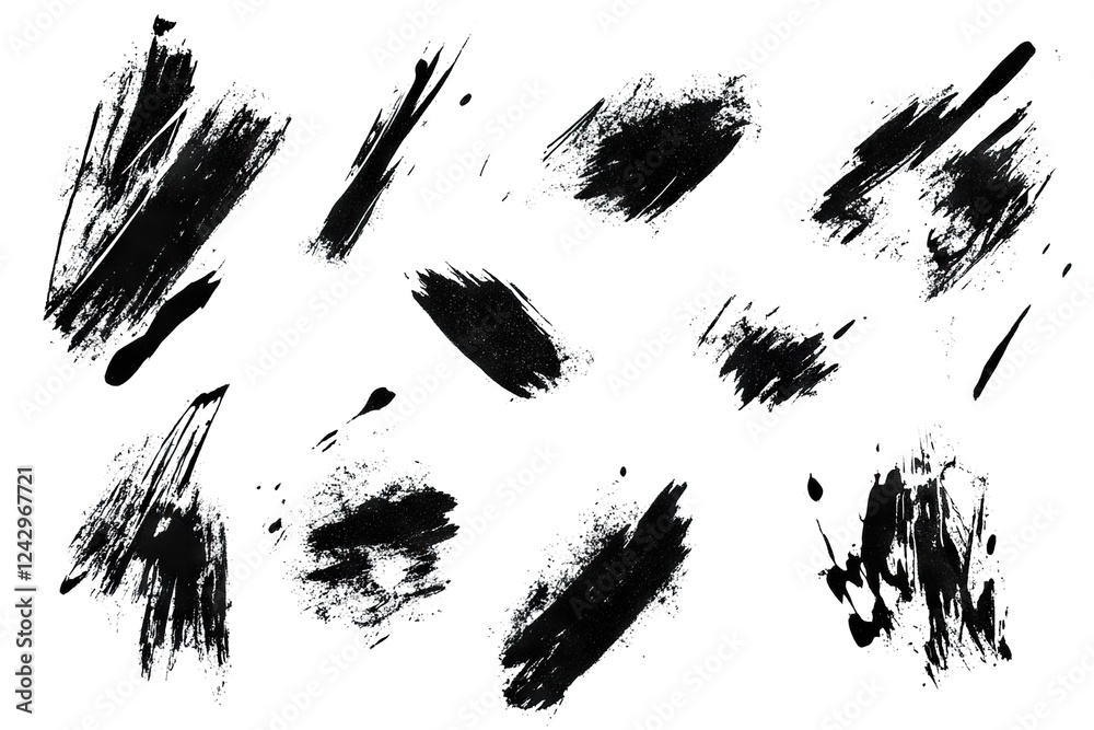 Set of black abstract brush strokes, isolated on transparent cutout background Set of black abstract brush strokes, isolated on transparent cutout background