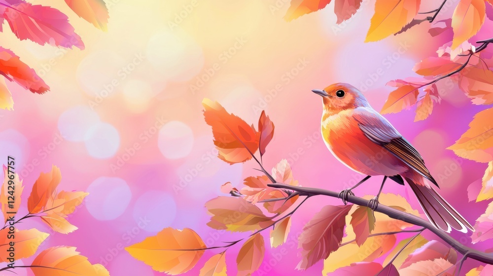 Obraz premium Vibrant bird amidst colorful autumn leaves.