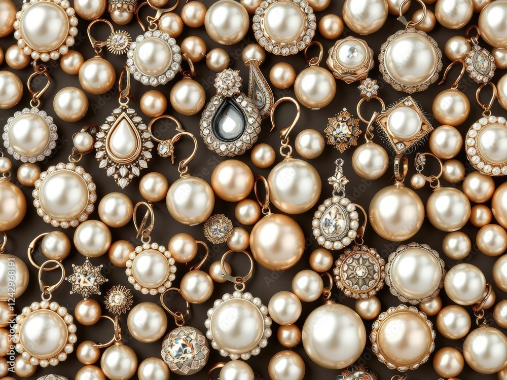 Seamless texture featuring a collection of pearl earrings in various shapes and sizes, artistic composition, textured surface, eye-catching display Seamless texture featuring a collection of pearl earrings in various shapes and sizes, artistic composition, textured surface, eye-catching display