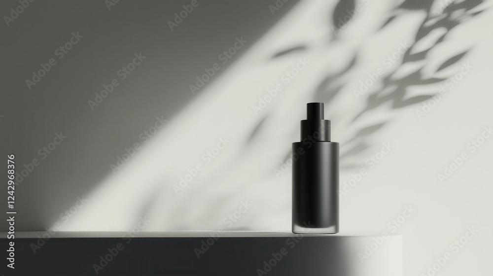 Fototapeta premium Black and white photograph of a spray bottle on a white surface. the bottle is cylindrical in shape with a black cap and a transparent body.