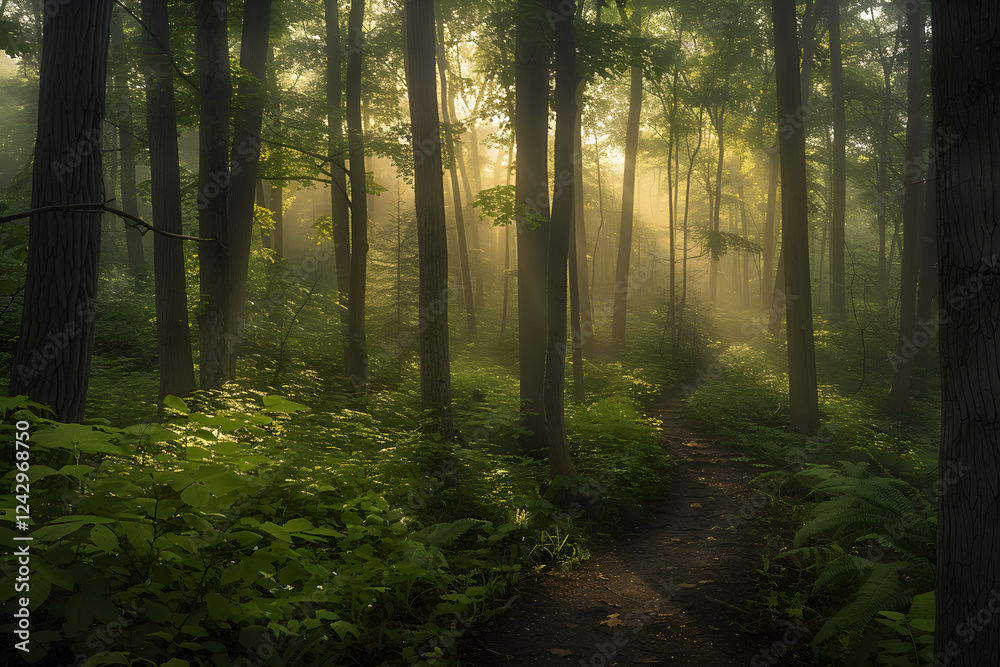 Obraz premium Ethereal Misty Morning in a Dense Forest Illuminated by Gentle Sunlight