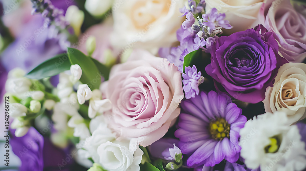 A close-up shot of a bouquet featuring purple and white flowers. A close-up shot of a bouquet featuring purple and white flowers.