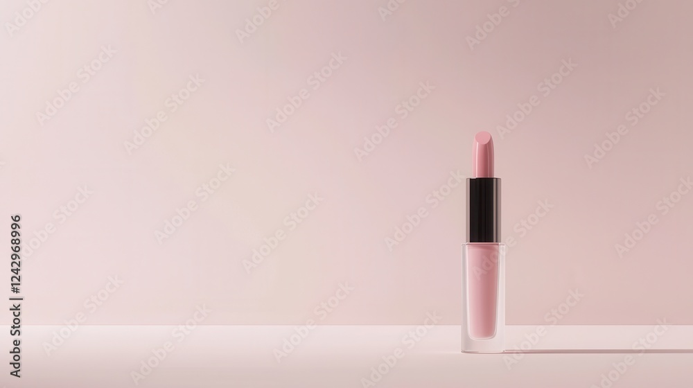 Pink lipstick in a transparent tube with a black cap. the lipstick is placed on a plain white surface with a light pink background. the tube is cylindrical in shape and has a glossy finish. Pink lipstick in a transparent tube with a black cap. the lipstick is placed on a plain white surface with a light pink background. the tube is cylindrical in shape and has a glossy finish.