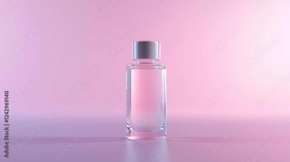 3d rendering of a perfume bottle. the bottle is made of clear glass and has a silver cap. it is standing upright on a pink background. the liquid inside the bottle is a light pink color. 3d rendering of a perfume bottle. the bottle is made of clear glass and has a silver cap. it is standing upright on a pink background. the liquid inside the bottle is a light pink color.