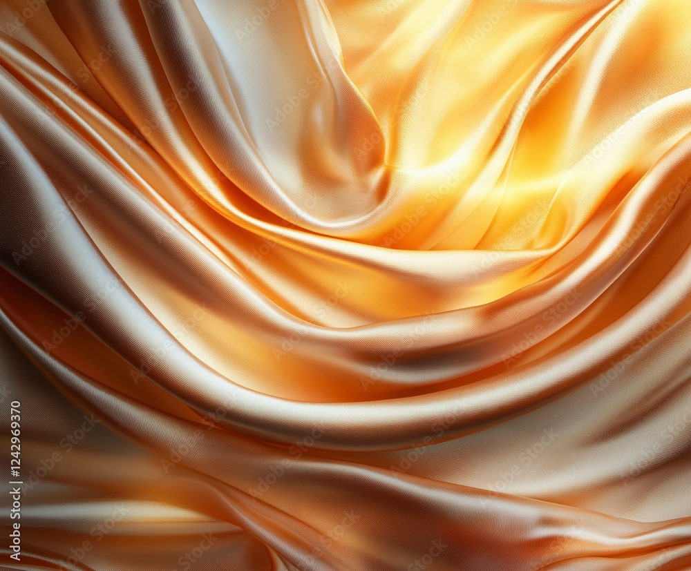 Fototapeta premium Luxurious golden silk flowing gracefully in draped folds under soft light creates an enchanting visual experience. Generative AI