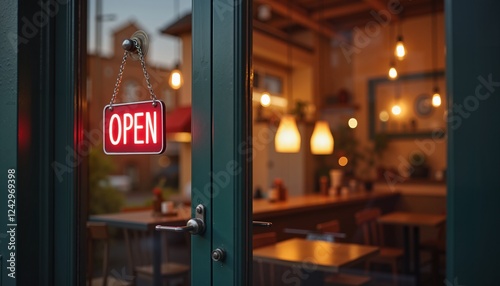 Open sign glowing on cafe door, inviting ambiance, modern business