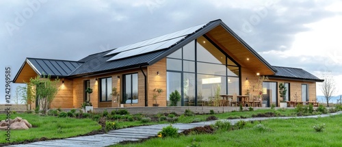 A modern, eco-friendly house with a large glass facade and a sloped roof, surrounded by a lush green landscape.
