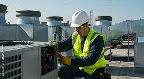 HVAC technician working on rooftop air conditioning unit with safety gear and tools
