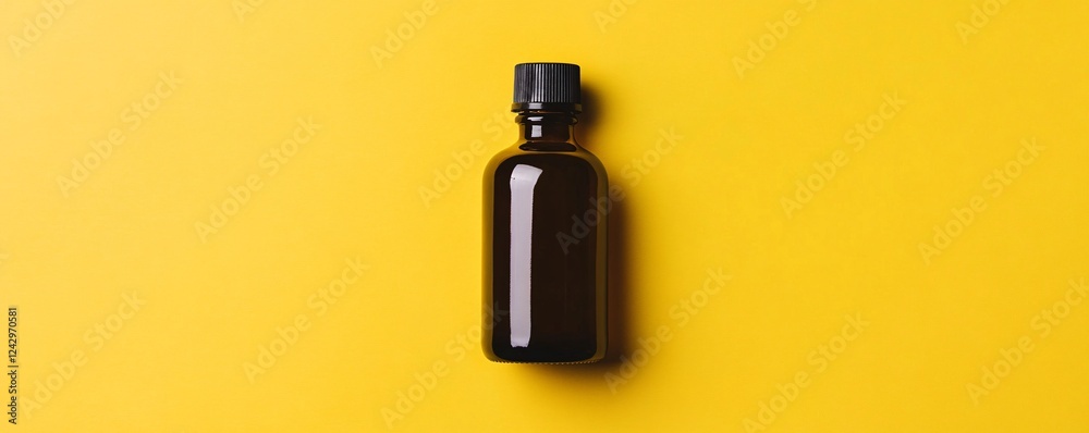 Brown glass bottle standing on yellow background