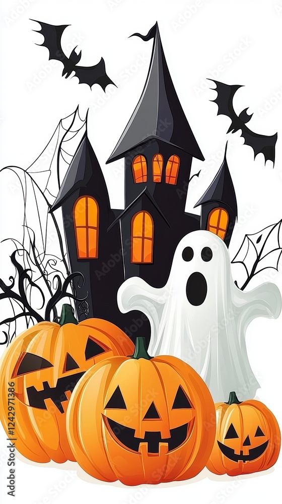 Spooky halloween scene with haunted house ghosts and jack-o'-lanterns festive atmosphere illustration creative concept Spooky halloween scene with haunted house ghosts and jack-o'-lanterns festive atmosphere illustration creative concept