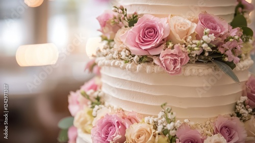 Elegant Three-Tier Wedding Cake Adorned with Delicate Pink Roses and Baby's Breath