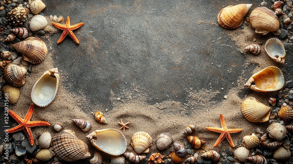 Fototapeta premium Seashells and Starfish on Sandy Beach: Summer Vacation, Ocean Coastline, Nature Photography