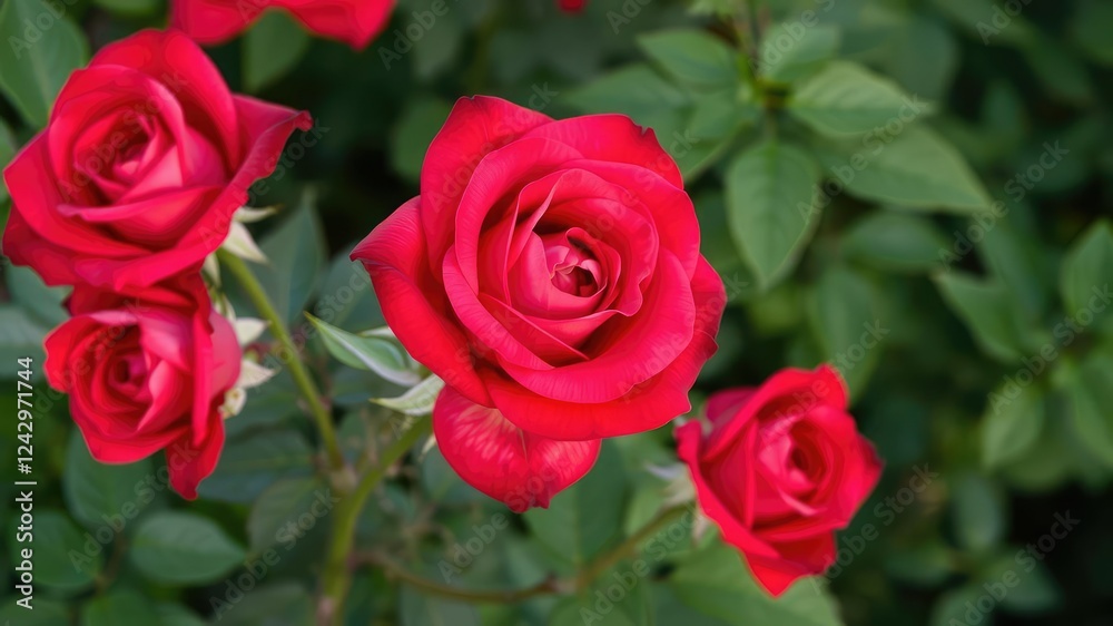 Soft petals of red roses against a natural greenery background, floral arrangement, floral background Soft petals of red roses against a natural greenery background, floral arrangement, floral background