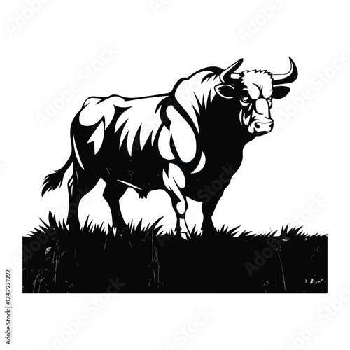 A strong silhouette of a muscular farm bull with horns against a white background. The bull is standing on a patch of grass. The bull's body is muscular and well-defined. The horns