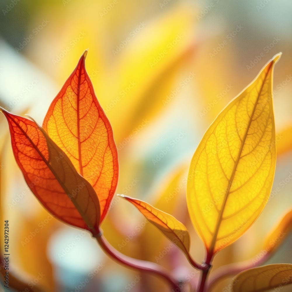 Naklejka premium Vibrant autumn leaves showcasing shades of orange and yellow against soft natural light