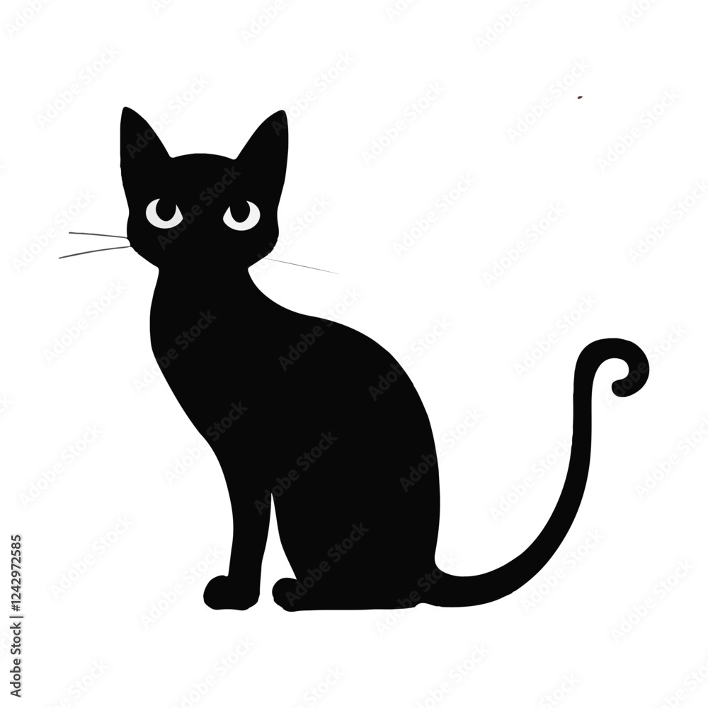 Fototapeta premium A clean and detailed silhouette of a sitting cat with an arched back. The cat is sitting on a wooden chair. The background is white. The image has a soft lighting