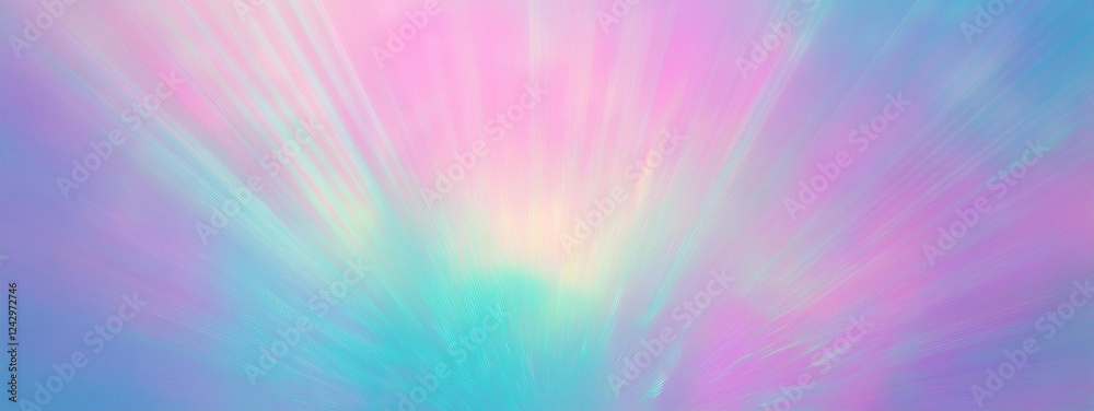 Obraz premium A holographic rainbow unicorn pastel purple pink teal colors abstract background. Optical crystal prism flare beams. Light flares. Soft pastel color gradient blurred background banner pattern.