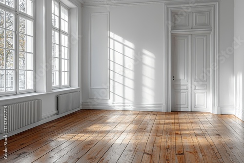 A spacious, bare interior with a white door adorned by the classic design elements of old Viennese architecture photo