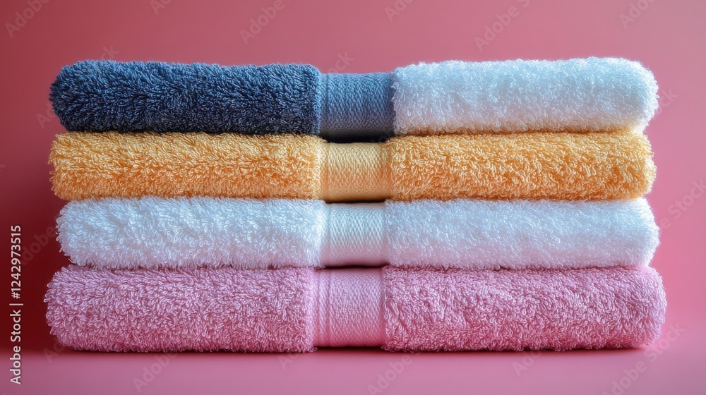 Stack of Soft Colorful Bath Towels Pink White Yellow Gray Home Spa Luxury Texture Stack of Soft Colorful Bath Towels Pink White Yellow Gray Home Spa Luxury Texture