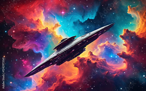 Spaceship flying through colorful nebula clouds