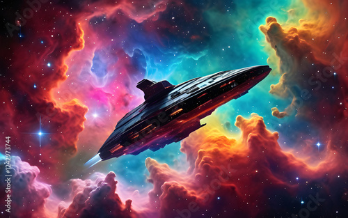Spaceship flying through colorful nebula clouds