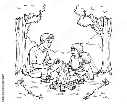 coloring page A father and two kids camping in a forest