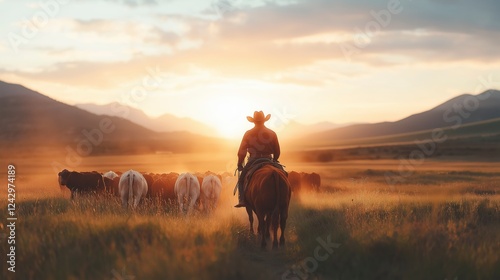 Cowboy herding cattle at sunset in a serene rural landscape with mountains in the background