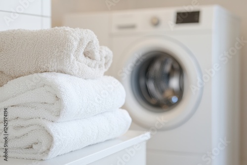 Stack of clean white and beige towels on a countertop with washing machine in the background. Laundry and hygiene concept.