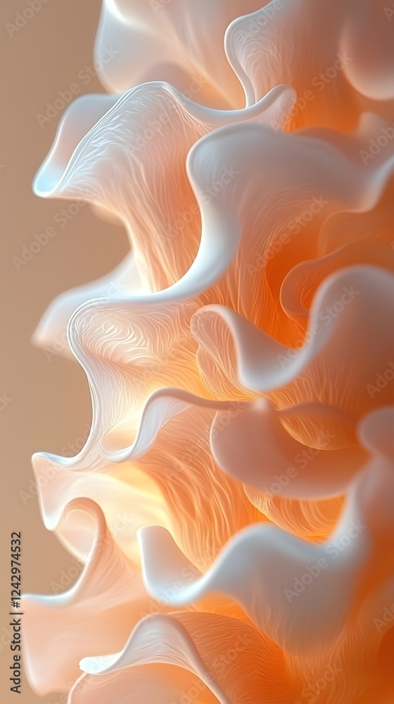 Fototapeta premium An abstract close-up of soft, flowing shapes in shades of peach and cream, creating a dynamic and ethereal visual experience, reminiscent of delicate fabric or organic forms.