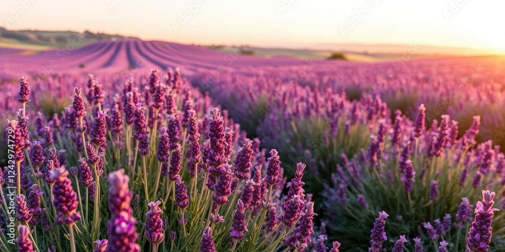 Fototapeta premium Purple lavender fields dotting the landscape with their vibrant blooms against a backdrop of fading light, natural scenery, floral arrangements, serene atmosphere