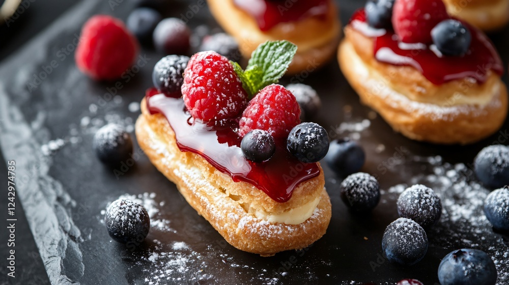 A modern twist on eclairs, where a bright berry glaze is being artistically drizzled over freshly baked choux pastries A modern twist on eclairs, where a bright berry glaze is being artistically drizzled over freshly baked choux pastries