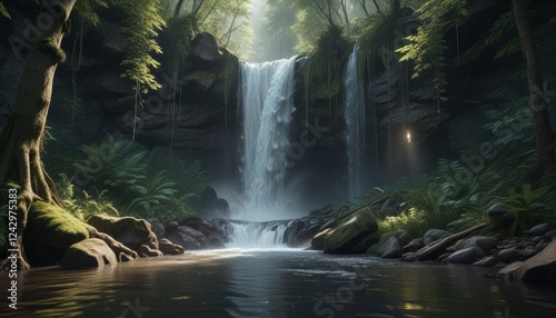 Remote waterfall hidden within dense forest with soft lighting, discovery, exploration, isolated, secluded