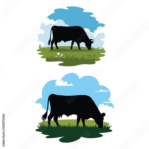 A illustration of a cow silhouette grazing peacefully. The cow has its eyes closed and is standing on lush green grass. The background is a bright white sky