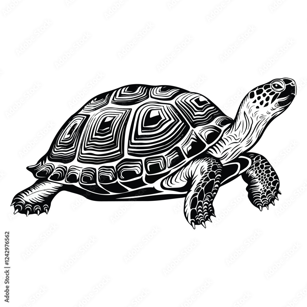 A white background with a detailed silhouette of a turtle walking slowly. The turtle is moving towards the right. The turtle's shell has intricate patterns and the legs are carefully illustrated A white background with a detailed silhouette of a turtle walking slowly. The turtle is moving towards the right. The turtle's shell has intricate patterns and the legs are carefully illustrated