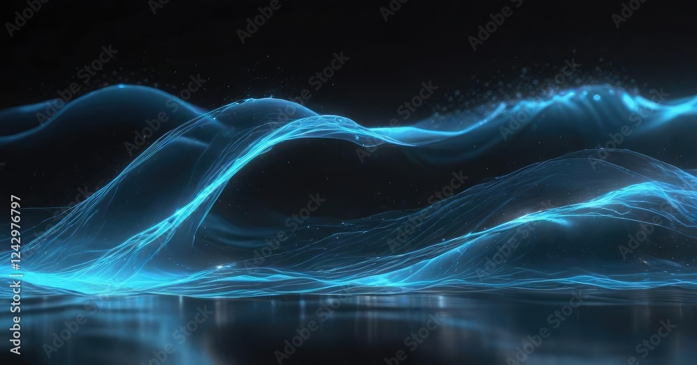 Shimmering blue light waves on a dark background, waves, mesmerizing