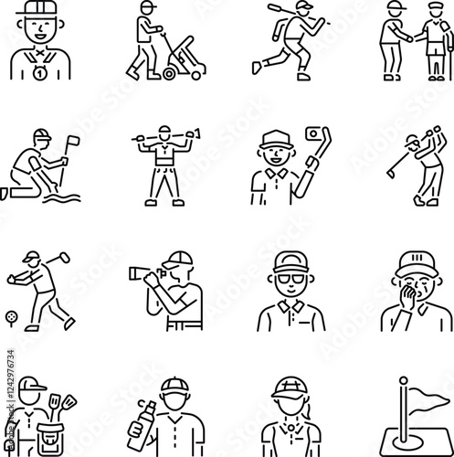 Collection of Golf Characters Linear Style Icons  

