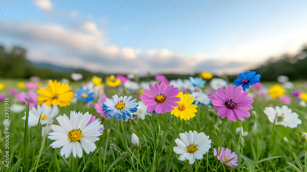 Obraz premium Colorful cosmos flowers bloom in a field, sunset sky background; nature, spring, beauty