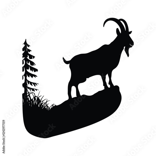 An illustration of a goat silhouette standing proudly on a rock against a white background. The goat has a thick beard and long, curved horns. The rock the goat is standing on