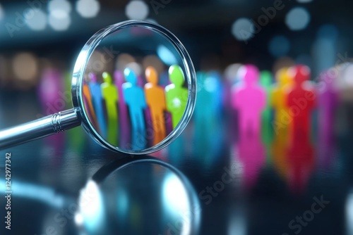 Magnifying Glass Focusing on Diverse Colorful People Figures, Representing inclusivity, diversity, and community.