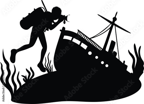 Premium quality Scuba diver underwater exploration silhouette vector art, Scuba diver underwater exploration line art vector icon design
