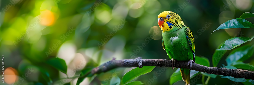 Vivid Parakeet Perched on Branch in Sunlit Foliage, Capturing Its Vibrant Plumage and Natural Curiosity Vivid Parakeet Perched on Branch in Sunlit Foliage, Capturing Its Vibrant Plumage and Natural Curiosity