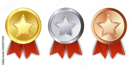 Award medals, gold, silver, and bronze medals on transparent background

