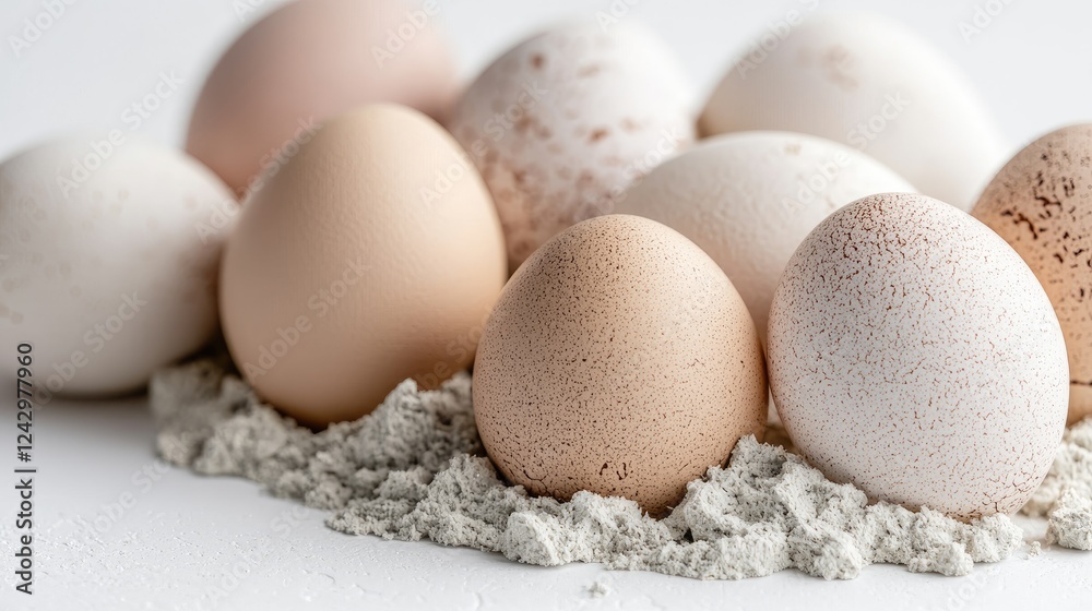Assorted eggs on flour, kitchen counter, baking prep Assorted eggs on flour, kitchen counter, baking prep