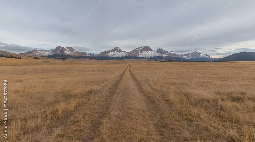 Obraz premium Scenic mountain range view, dirt road leading to peaks, autumn grasslands