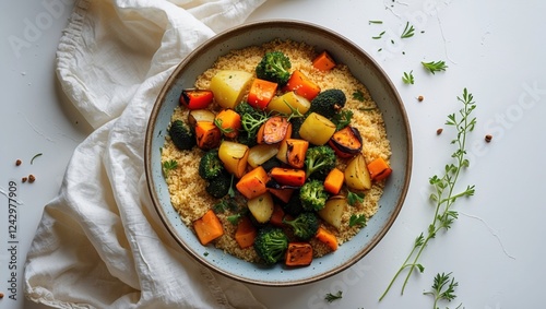 Colorful roasted vegetables and couscous in a rustic bowl