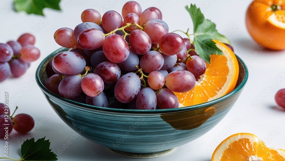Fresh grapes and orange slices in a vibrant blue bowl arrangement. Fresh grapes and orange slices in a vibrant blue bowl arrangement.