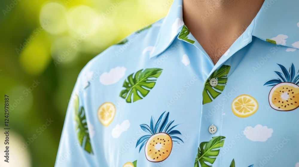 Naklejka premium Light blue shirt with tropical fruit and leaf print, close-up detail of the collar and pattern.