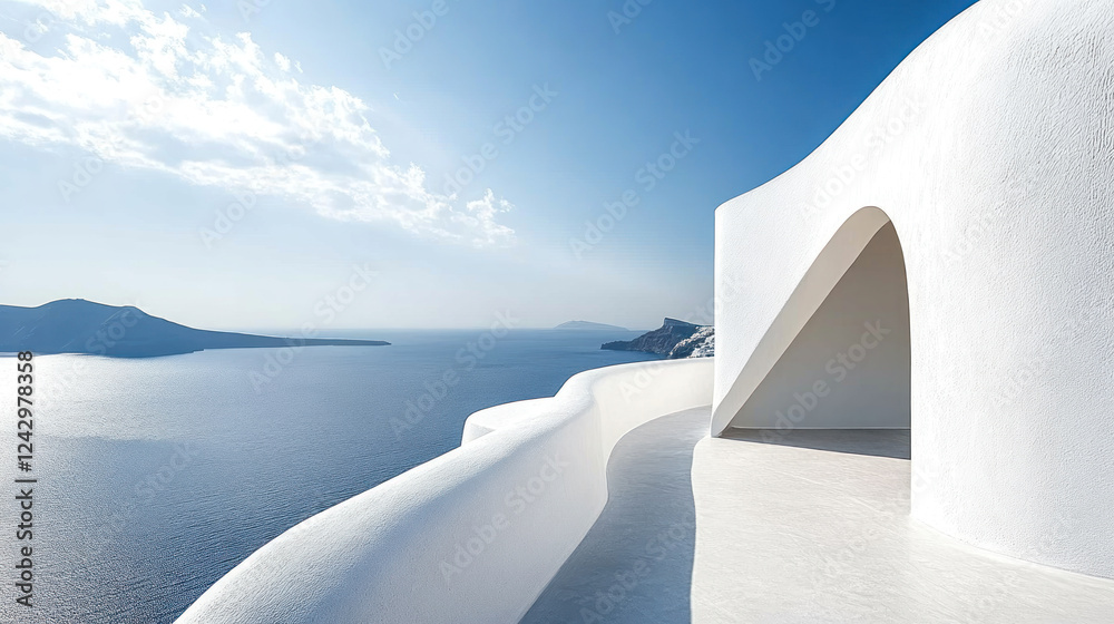 minimalist white building with curved design overlooks serene blue sea under clear sky, creating tranquil and modern architectural scene minimalist white building with curved design overlooks serene blue sea under clear sky, creating tranquil and modern architectural scene