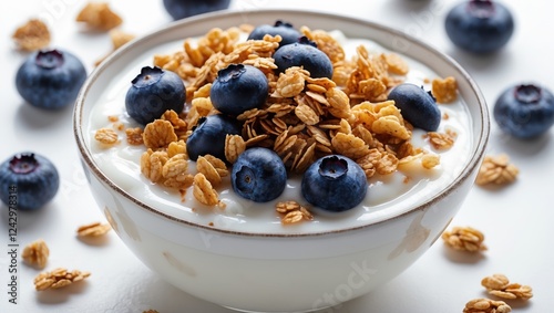 Delicious yogurt with blueberries and granola in a clear bowl for a healthy breakfast